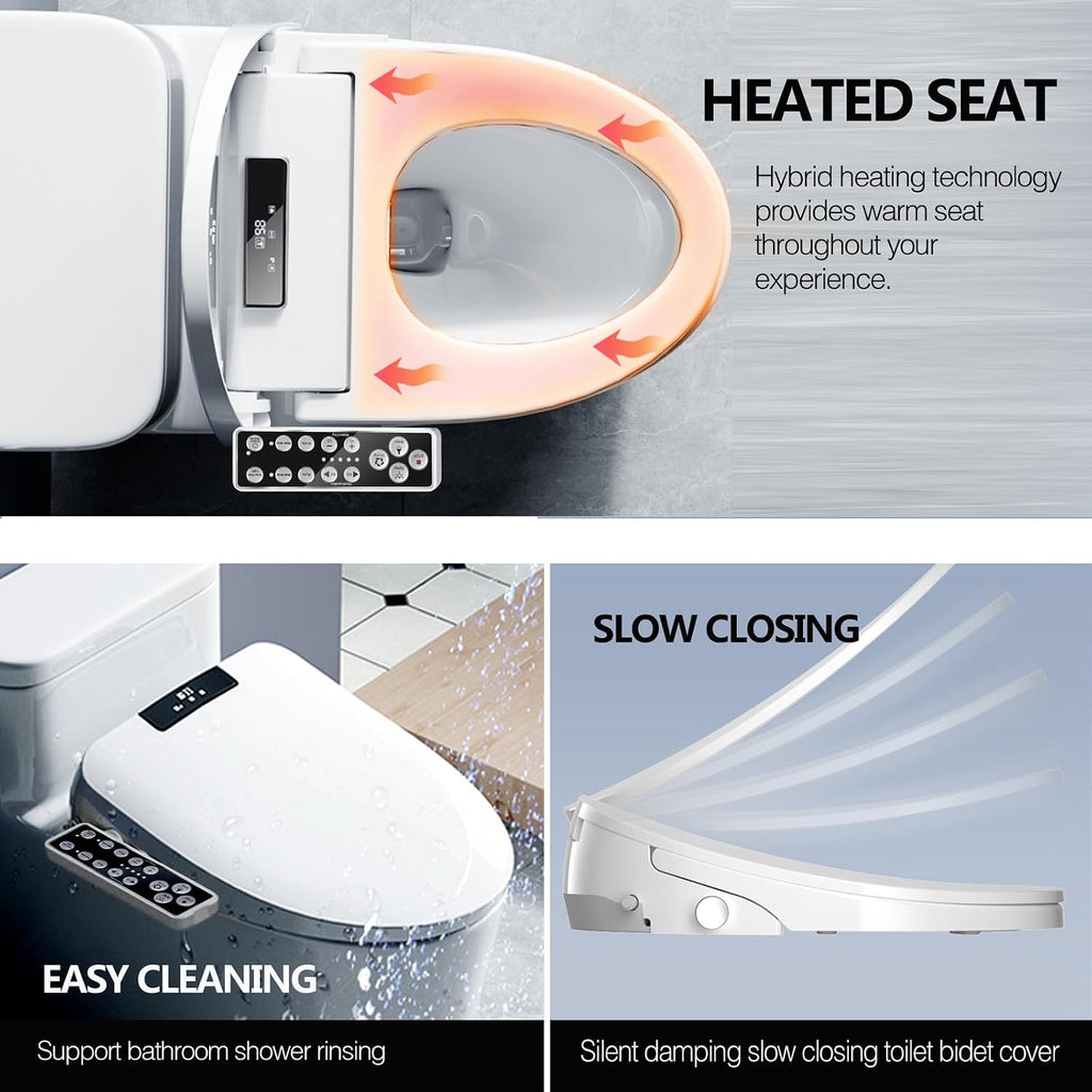 WLJBIDET Bidet Toilet Seat, Electric Bidet with Heated Toilet Seat, Instant Warm Water & Air Drying, Temperature Adjustable, Side Panel Control, Display Screen, Night Light, Elongated