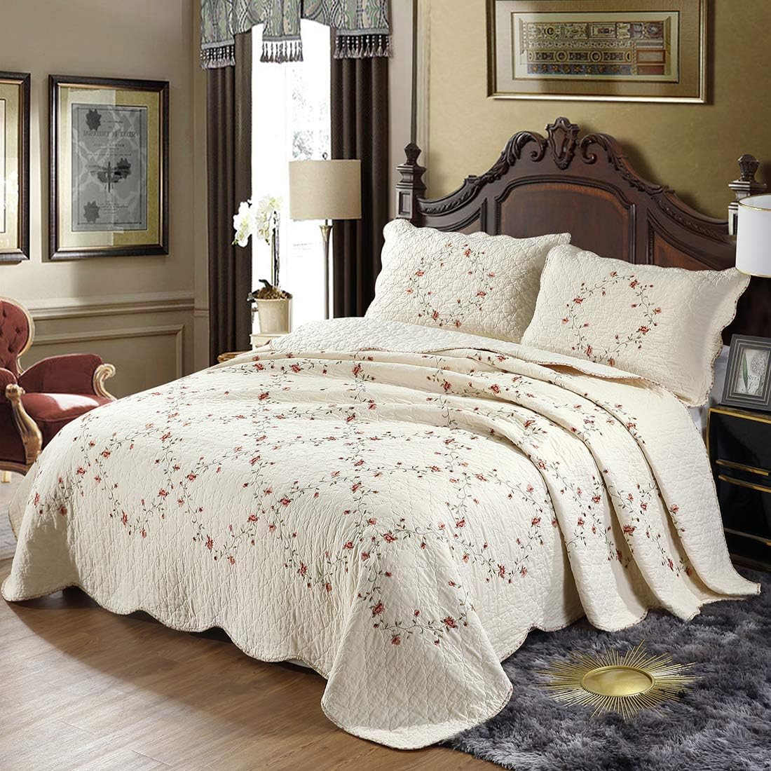 vctops 3-Piece Floral Embroidered Bedspread Coverlet Set King Size 100% Cotton Reversible Patchwork 1 Quilt and 2 Pillow Shams (Flower,King)