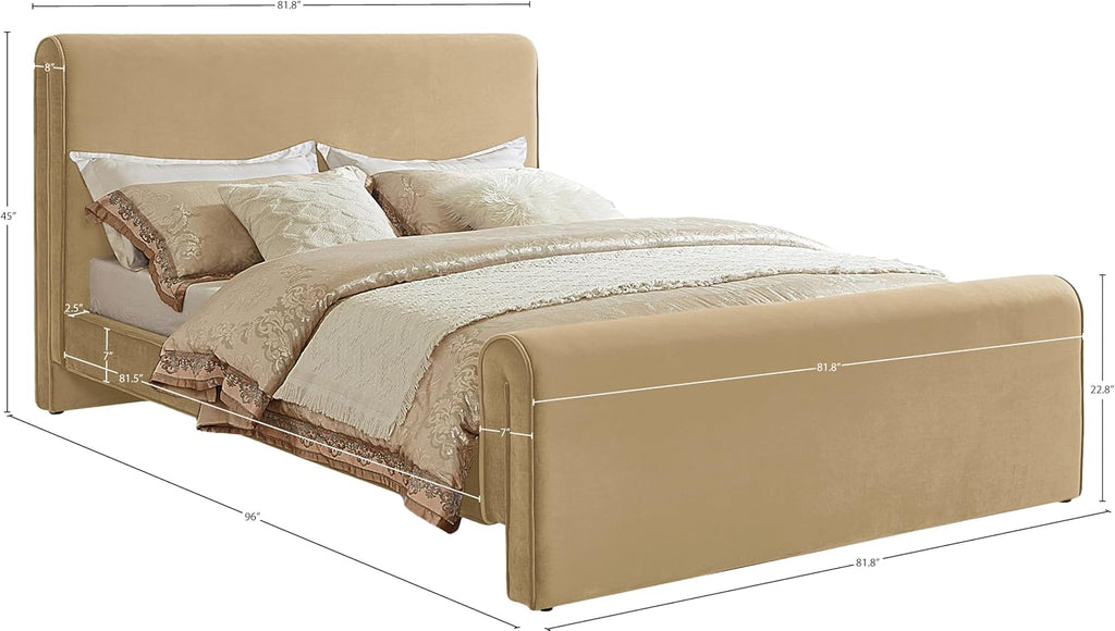Meridian Furniture SloanCamel-K Sloan Collection Modern | Contemporary Velvet Upholstered King Bed with Rich Soft Camel Velvet, Curved Headboard and Footboard, 81' W x 92' D x 45' H, Camel, King