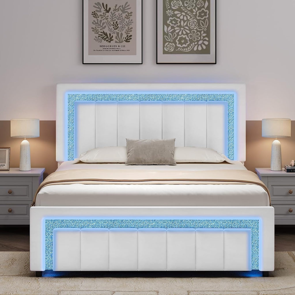 HOMBCK Queen Size Bed Frame with LED Lights and Velvet Upholstered Adjustable Headboard, Bed Frame Queen with Diamond Headboard & Footboard, Wood Slats Support, Noise Free, No Box Spring Needed, White