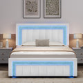 HOMBCK Queen Size Bed Frame with LED Lights and Velvet Upholstered Adjustable Headboard, Bed Frame Queen with Diamond Headboard & Footboard, Wood Slats Support, Noise Free, No Box Spring Needed, White