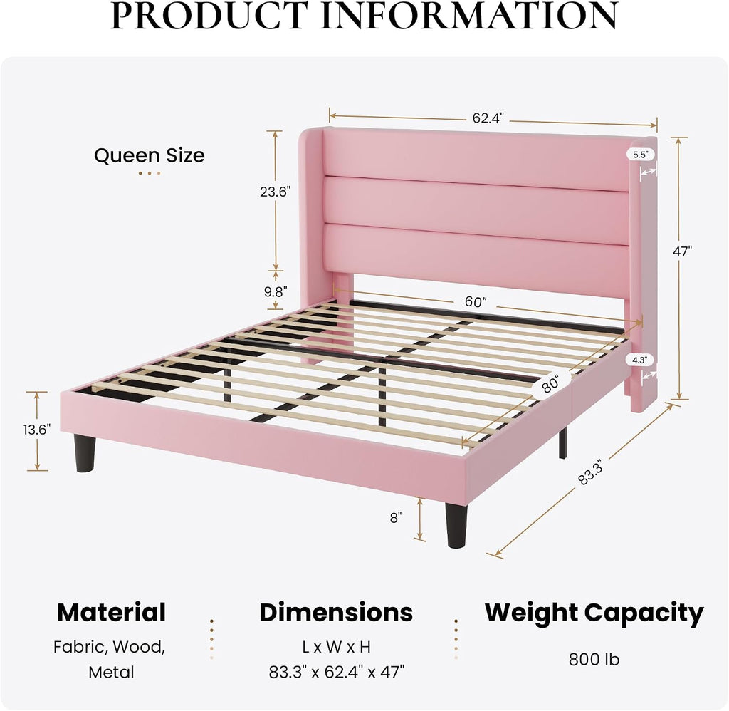 SHA CERLIN Queen Size Velvet Bed Frame with Wingback Headboard/Upholstered Platform Bed with Wooden Slats/Mattress Foundation/No Box Spring Needed/Easy Assembly/Pink