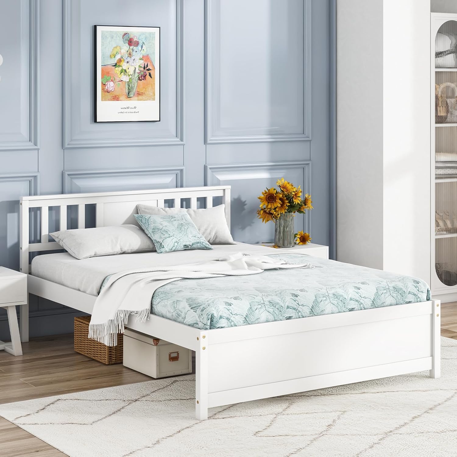 Giantex Full Size Solid Wood Platform Bed Frame, Mid Century Full Bed Frame with Headboard, Wood Slat Support, Double Panel Bed, No Box Spring Needed, Easy Assembly, White