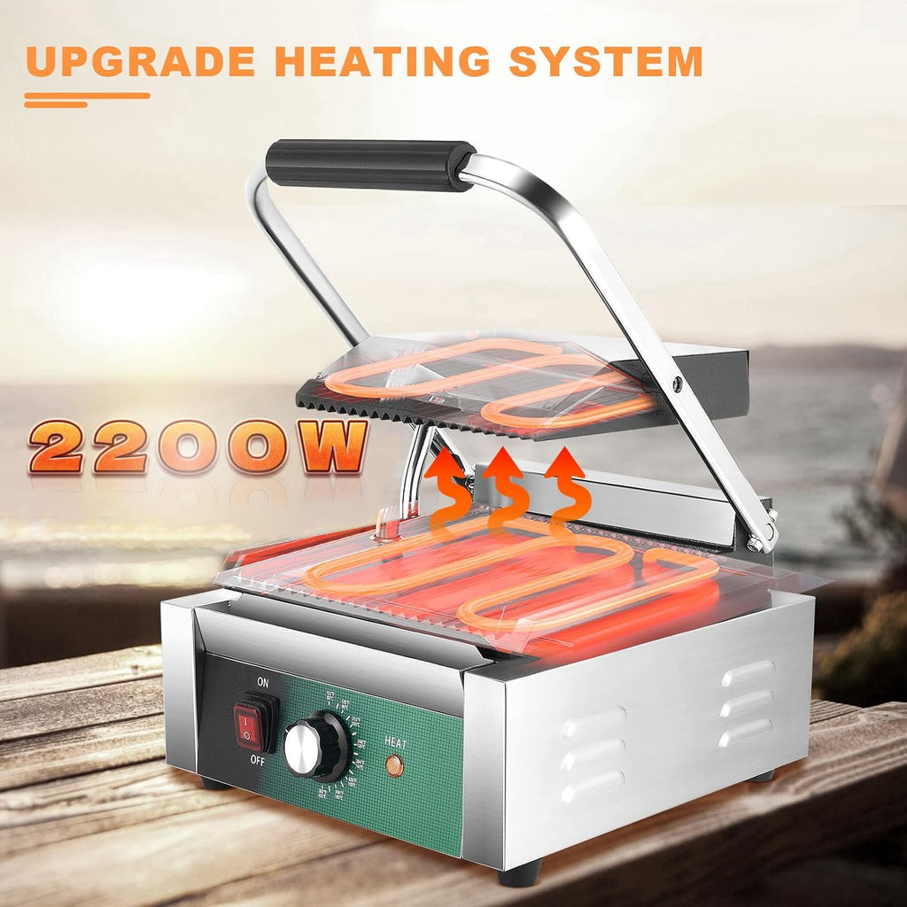 Commercial Panini Press, 2200W Panini Grill Press Sandwich Maker with Non-Stick Grooved Plates and Adjustable Temperature Control, Double-sided Heating Electric Griddle