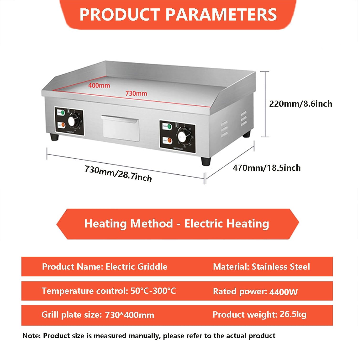 Commercial Electric Griddle 122-572°F, Stainless Steel Teppanyaki Grill Electric Hotplate, Countertop Griddle and Warmer for Restaurant,3500W，4400W