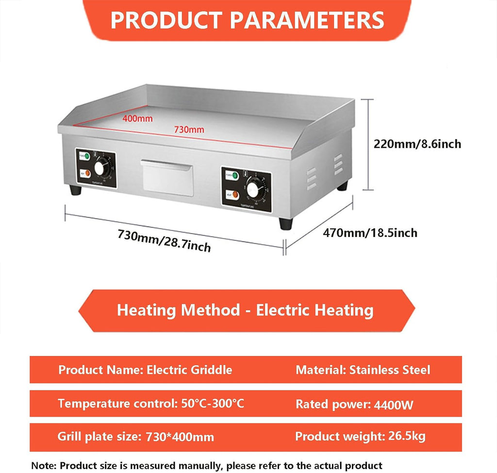 Commercial Electric Griddle & Countertop Flat Top Griddle & Stainless Steel Steak Bacon Fryer with Temperature Control Knob, 8mm Cooking Thick, 660 * 400mm/730 * 40，4400W