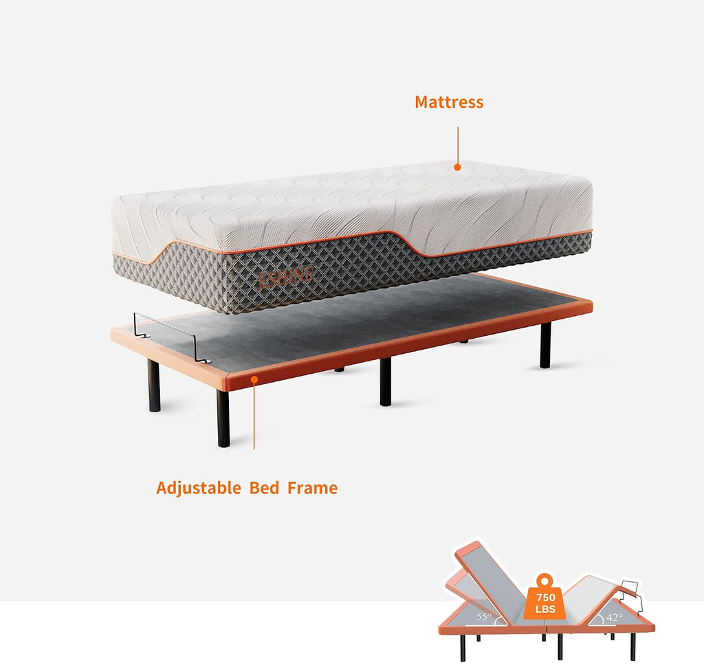 ESHINE Adjustable Bed Frame + 14' Hybrid Mattress Twin XL - Luxury Gel Memory Foam(319 Pocket Springs) with Massage, Wireless Remote, USB, Under Bed Night Light, Medium Soft, 3000 Series