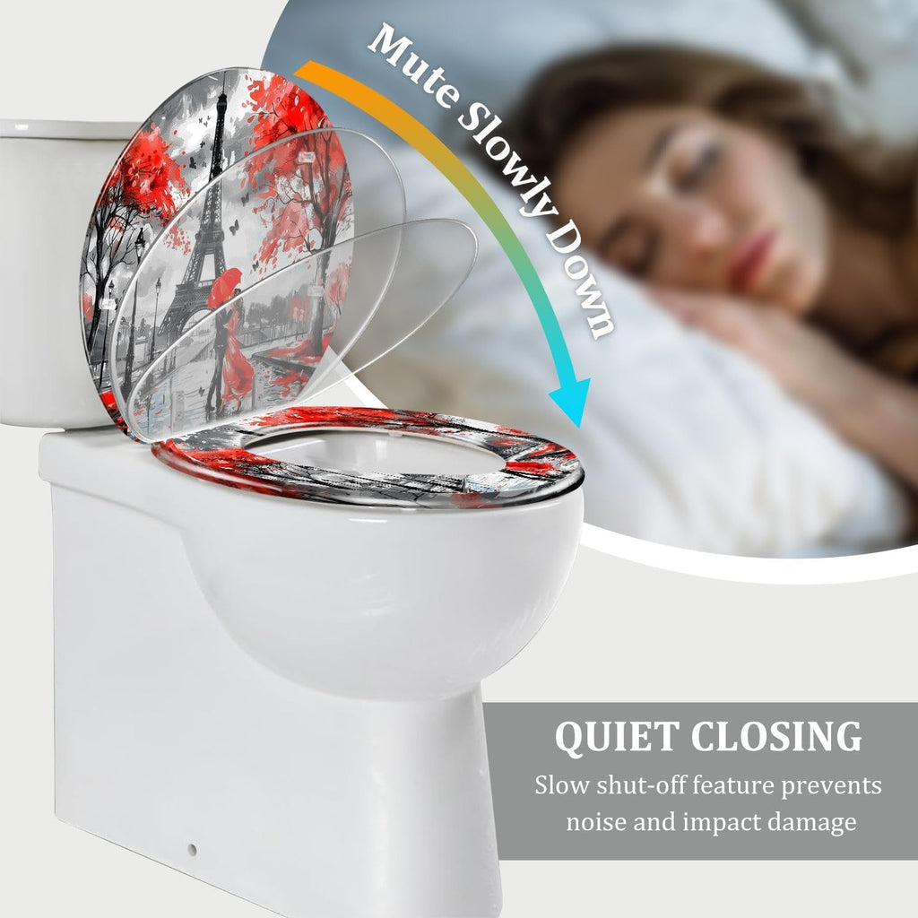 Round Toilet Seat Oil Paris european city landscape France tower Black white red Modern Resin Toilet Seat Quietly Close Quick Release Hinges Decorative Toilet Seat with Cover Easy to Install