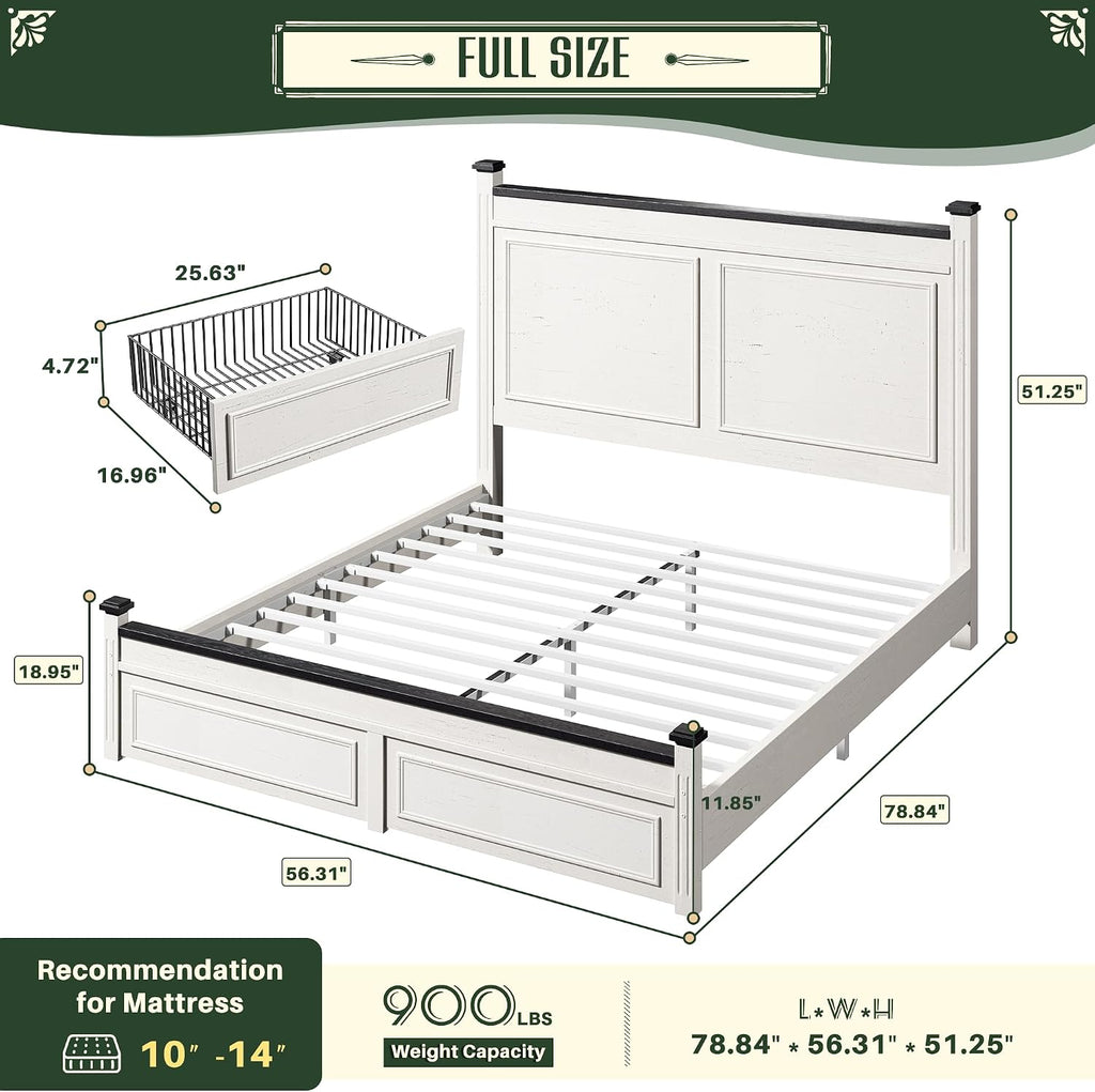 Homkdom Full Size Bed Frame with Tall Headboard, Bed Frame Full with Storage, 2 Drawers, Farmhouse, Wooden, No Box Spring Needed, White