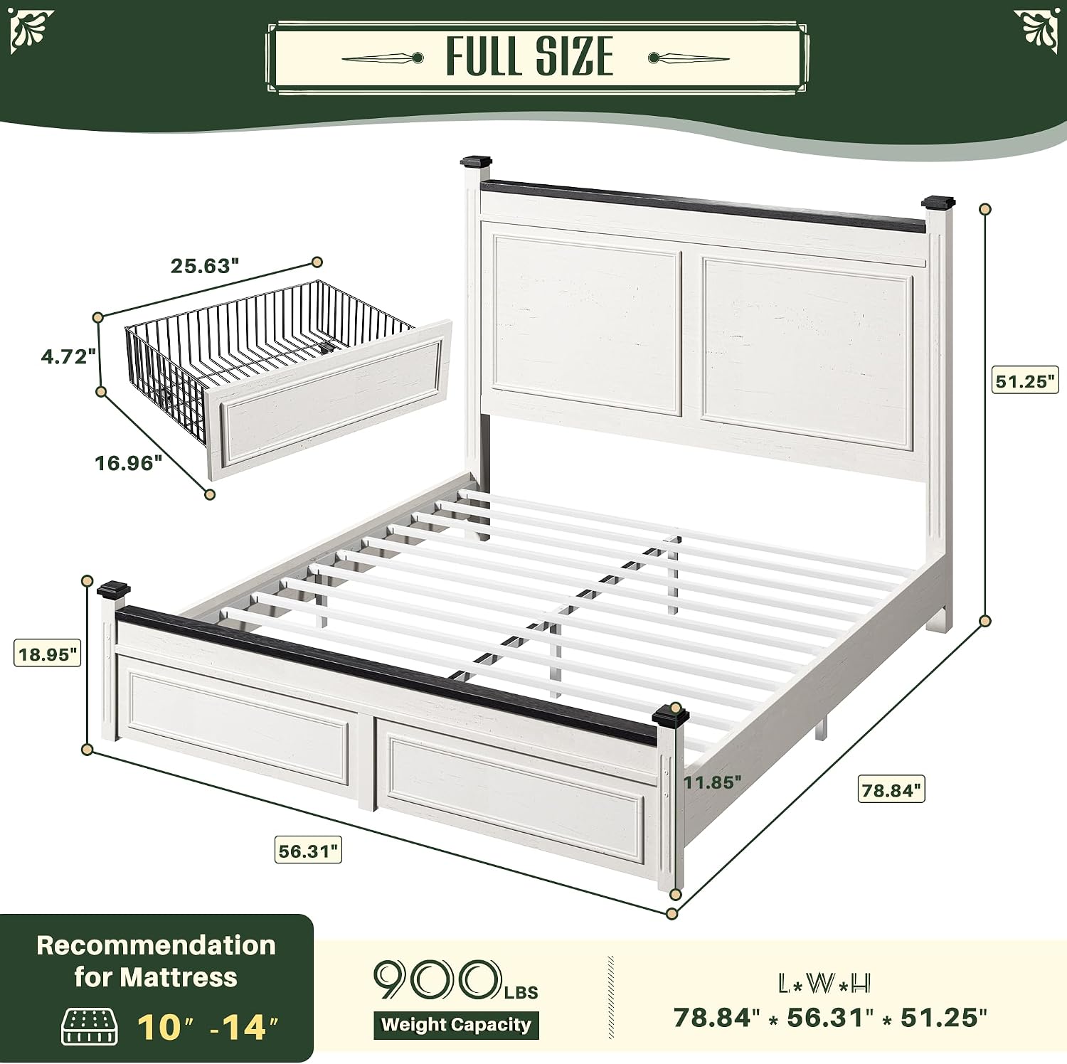Homkdom Farmhouse Full Size Bed Frame, 51' Tall Full Bed Frame with Headboard, Bed Frame with 2 Storage Drawers, No Box Spring Needed, White