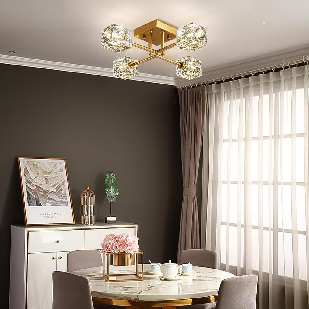Gold Modern Sputnik Chandelier Ceiling Light Fixtures,4-Lights Industrial Crystal Semi Flush Mount Ceiling Light for Bedroom Dining Room Hallway Kitchen Bedroom Entryway