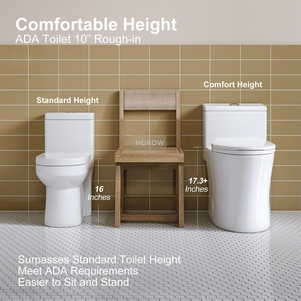 HOROW T0338W One Piece Toilet 10' Rough-in, Elongated Toilet with Comfortable Seat Height, ADA Chair Height 17.3', Dual Flush 0.8/1.28 GPF, Standard White Toilet Bowl, Space Saver Design