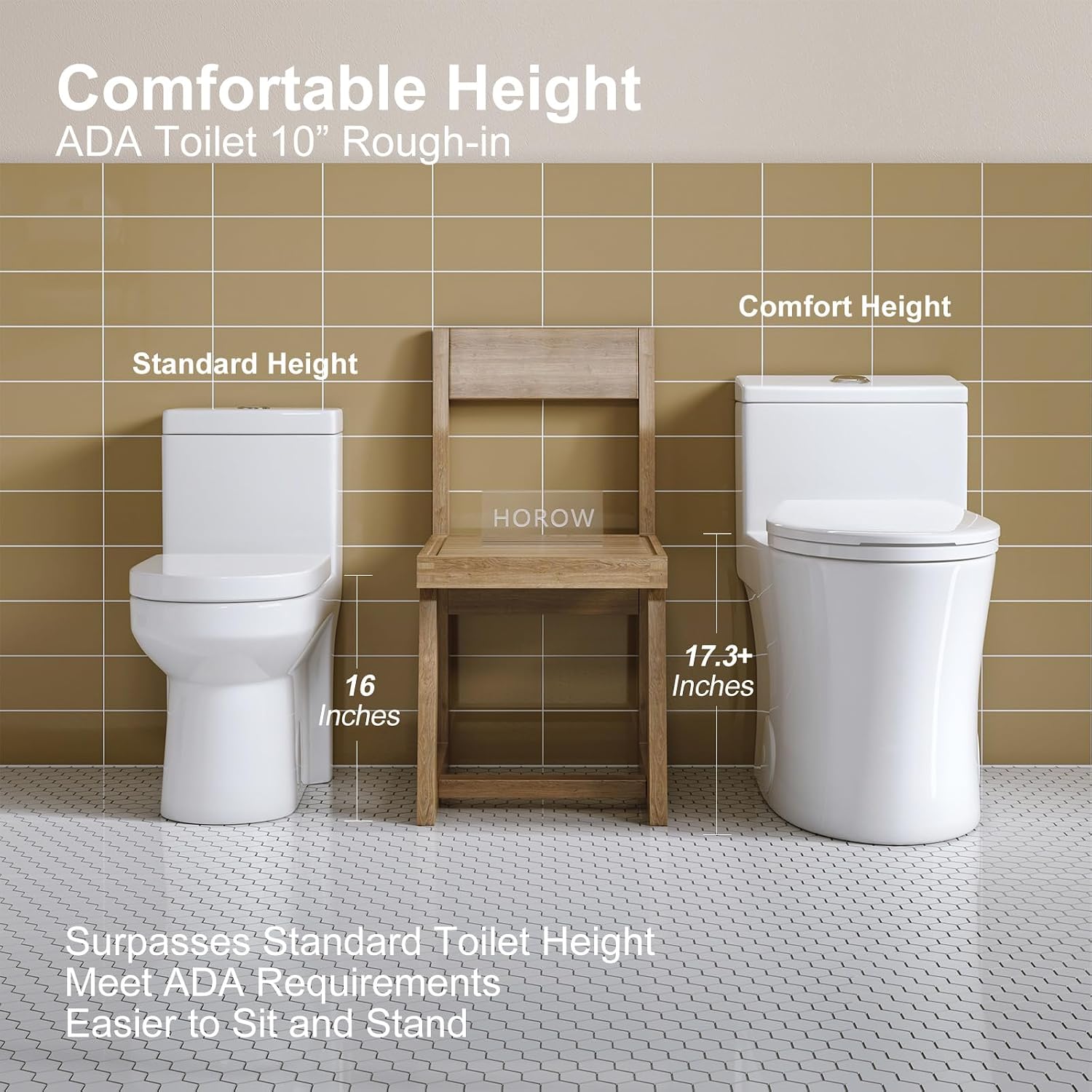 HOROW T0338W One Piece Toilet 10' Rough-in, Elongated Toilet with Comfortable Seat Height, ADA Chair Height 17.3', Dual Flush 0.8/1.28 GPF, Standard White Toilet Bowl, Space Saver Design