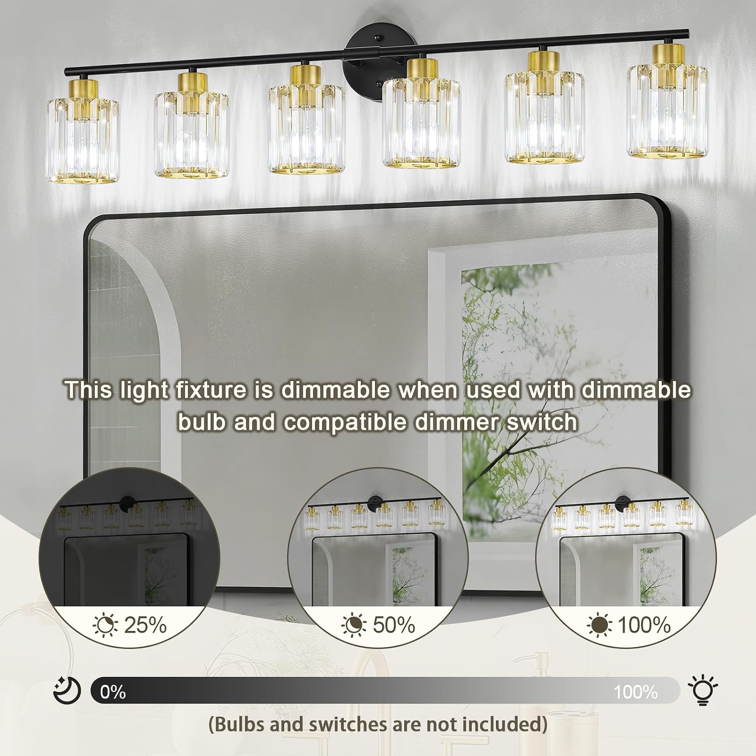 Crystal Bathroom Light Fixtures,Bathroom Lighting Fixtures Over Mirror, Modern 6-Light Brushed Nickel Vanity Lights for Mirror, Restroom,Kitchen(Ceramic E26 Socket,Bulbs Not Include)