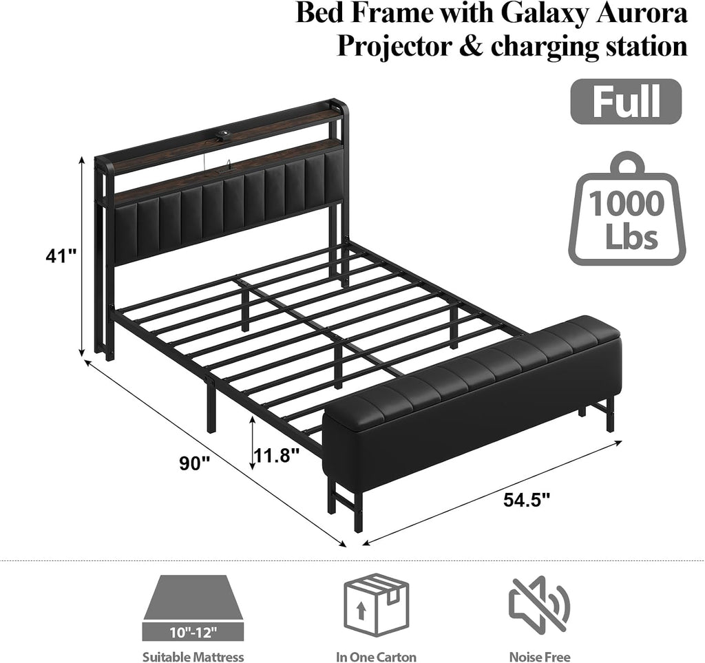 Full Size Bed Frame with Star Projector & Charging Station, PU Leather Upholstered Platform with 2-Tier Storage Headboard & Storage Ottoman, Metal Support, Noise-Free, No Box Spring Needed, Black
