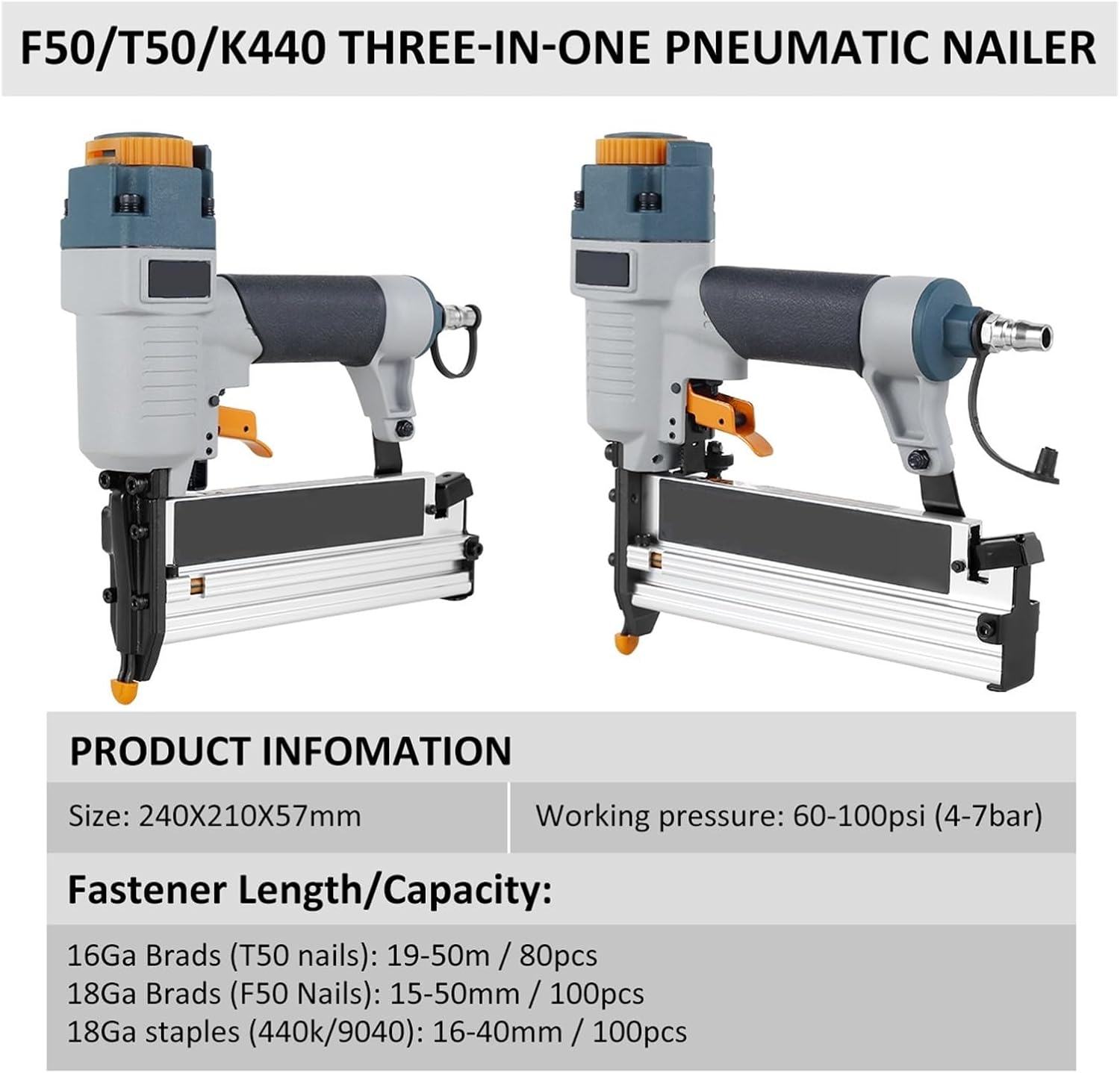 Pneumatic Staple Gun,Oil-Free Pneumatic Staple Gun Air Nailer Carpenter Pneumatic Nail Tool T50 F50 440K 16Ga/18Ga Air Brads Nailer Nail Depth Adjustment