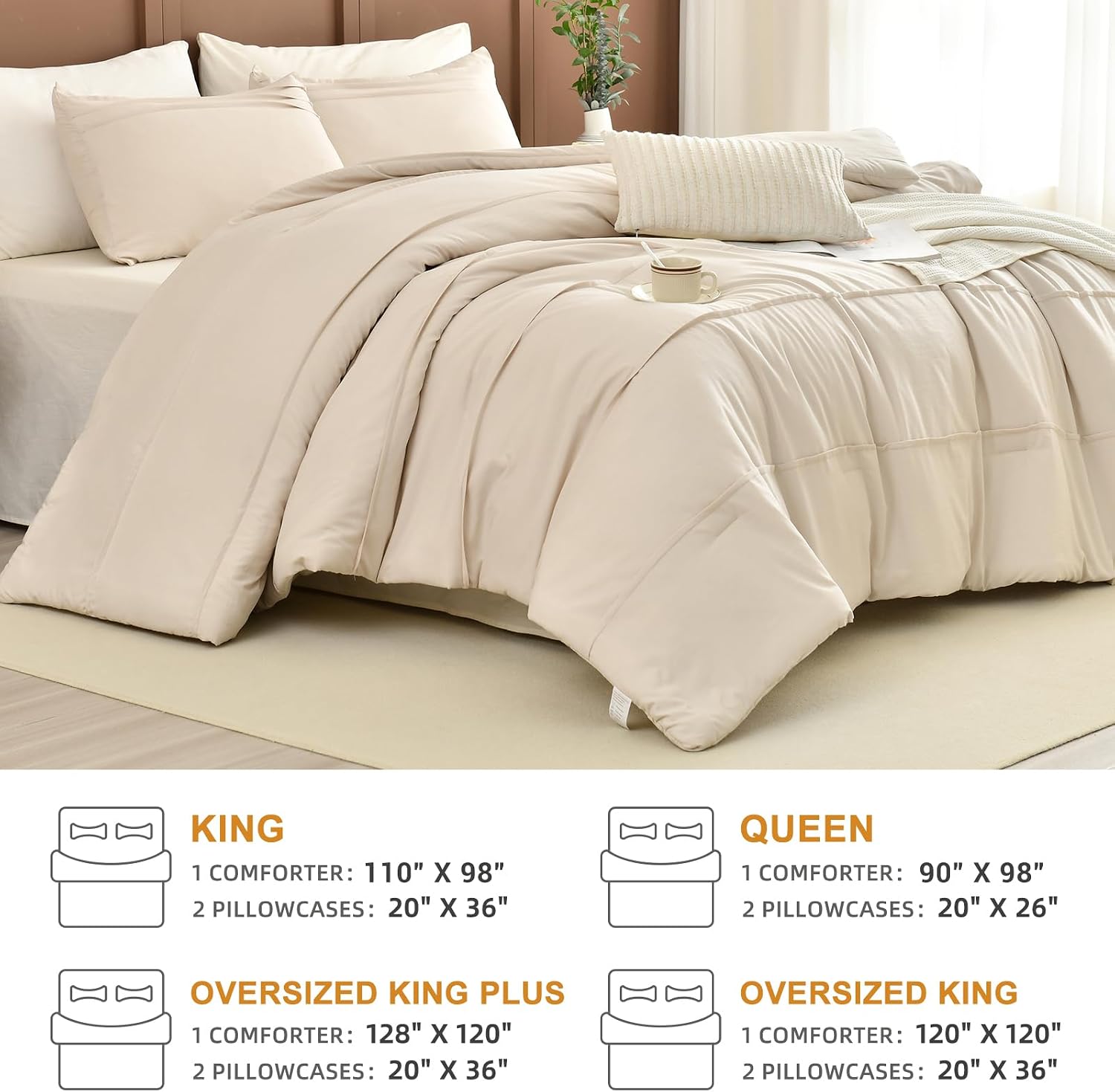 Masaca Oversized King Comforter 128'x120',Solid Color Pinch Pleated Extra Large King Comforter Set,3 Pieces Soft Textured Wheat Bedding Comforter Set Ultra Soft