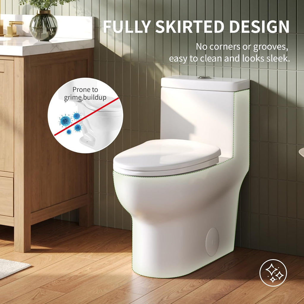DeerValley One Piece Toilet Elongated Toilet with Soft-Close Seat Powerful 1.1/1.6 GPF Dual Flush Standard Height Toilets Skirted Design 12' Rough-In DV-1F026