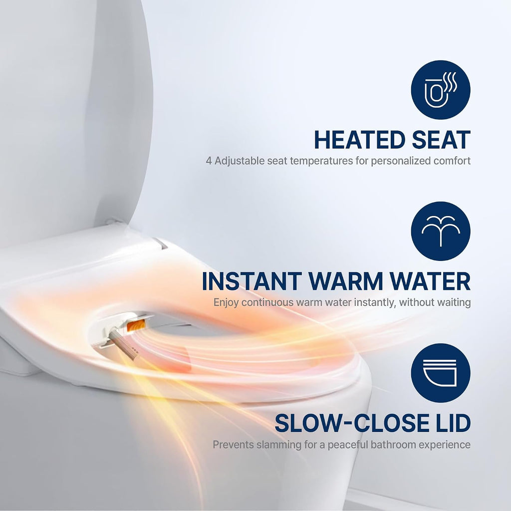 Inus N21 Electric Heated Bidet Toilet Seat Elongated, Warm Water, Smart Heated Water Luxury Bidet Toilet Seat with Kids Mode, Self Cleaning Nozzle, Tankless, Smart Touch Panel & Temperature Control