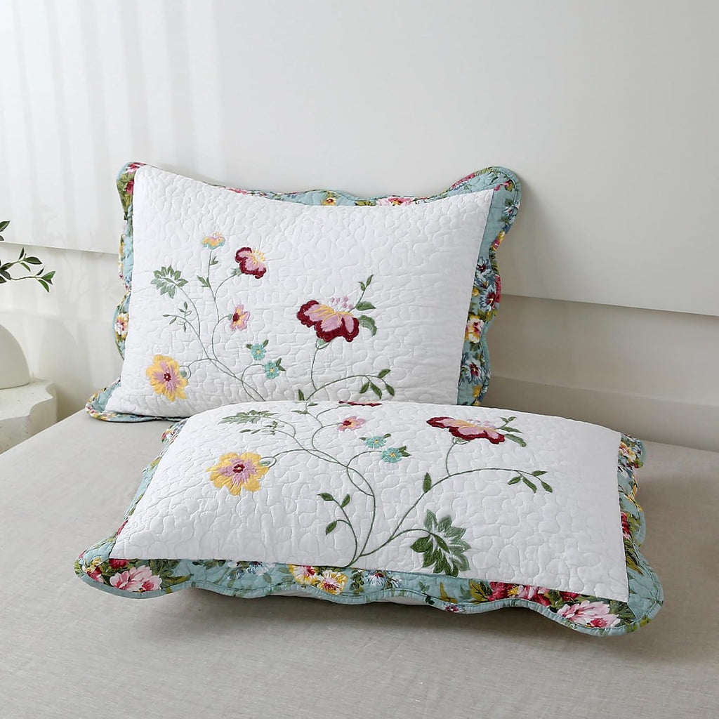 vctops 3-Piece Elegant Floral Embroidered Bedspread Coverlet Set 100% Cotton Reversible Patchwork 1 Quilt and 2 Pillow Shams Full/Queen, Flower G