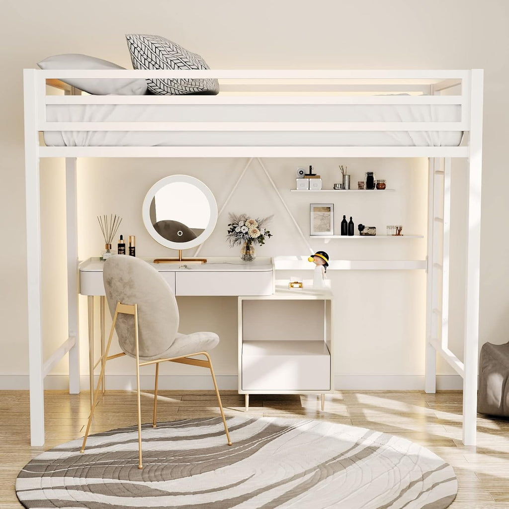 ikalido Metal Loft Bed Twin Size with Safety Guardrail and Ladder, No Box Spring Needed Space Saving Bedroom Furniture,Cream White
