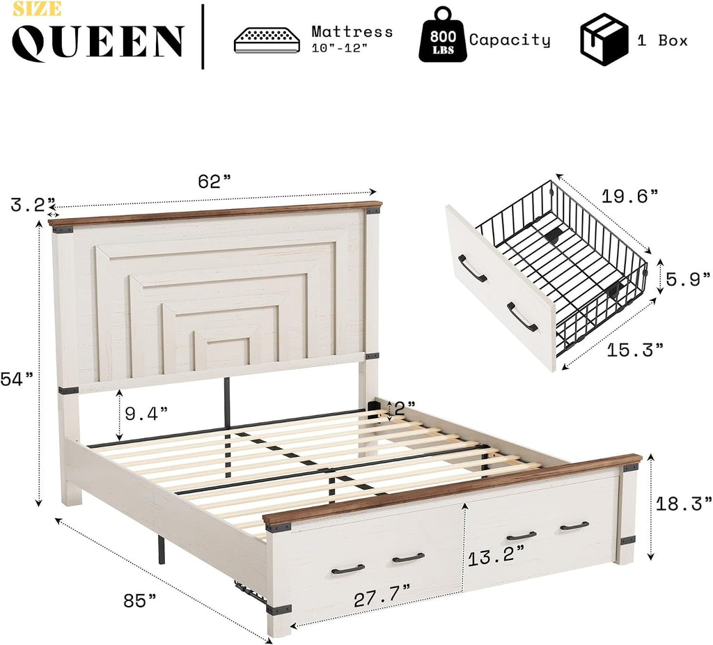 AMERLIFE Queen Bed Frame with Drawers, 54' Tall Headboard, Wood Platform Bed, No Box Spring Needed, Farmhouse Bedframe for Bedroom, Rustic White
