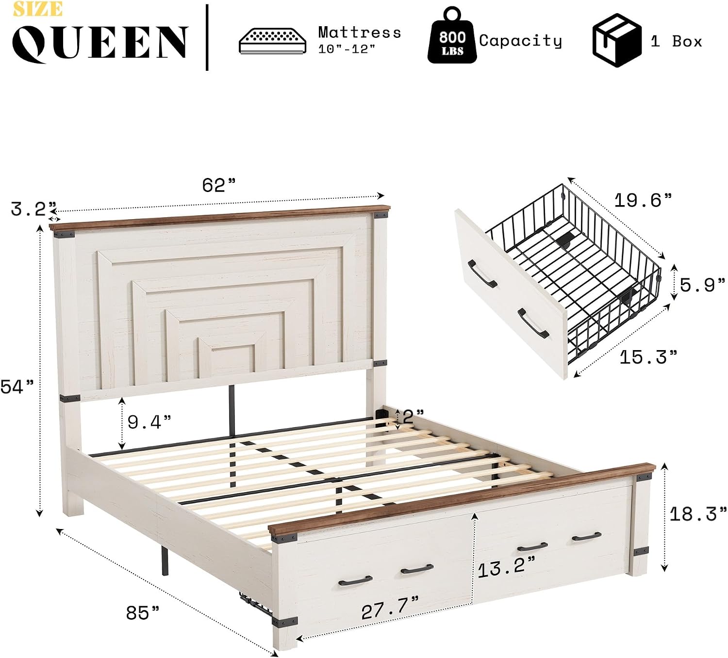 AMERLIFE Queen Bed Frame with Drawers, 54' Tall Headboard, Wood Platform Bed, No Box Spring Needed, Farmhouse Bedframe for Bedroom, Rustic White