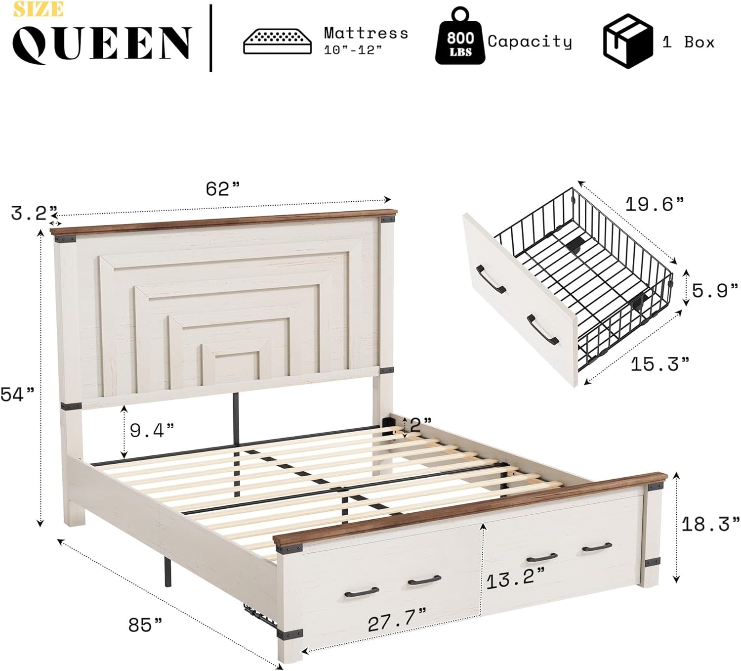AMERLIFE 2 Pieces Farmhouse Bedroom Set, Rustic Wooden Queen Bed Frame with 54' Tall Headboard & 6 Drawers Dresser Chest, Heavy Duty Thick Plank Design, Antique White