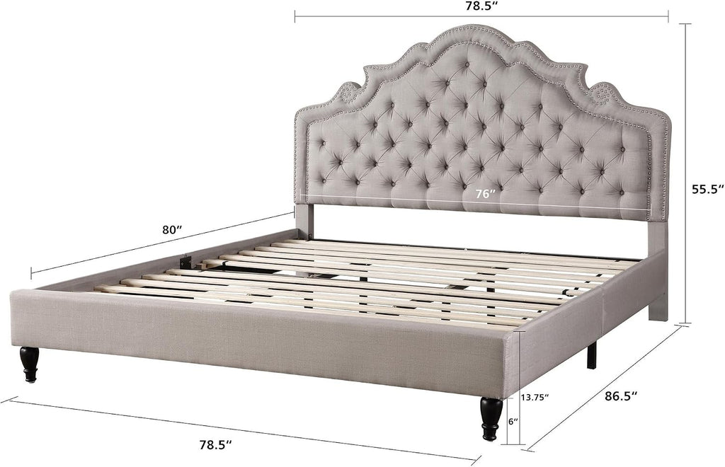 HomeLife Premiere Classics 51' Tall Platform Bed with Cloth Headboard and Slats - Full (Light Grey Silver)