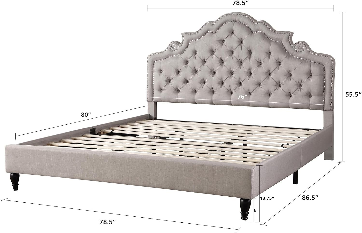 HomeLife Premiere Classics 51' Tall Platform Bed with Cloth Headboard and Slats - Full (Light Grey Silver)