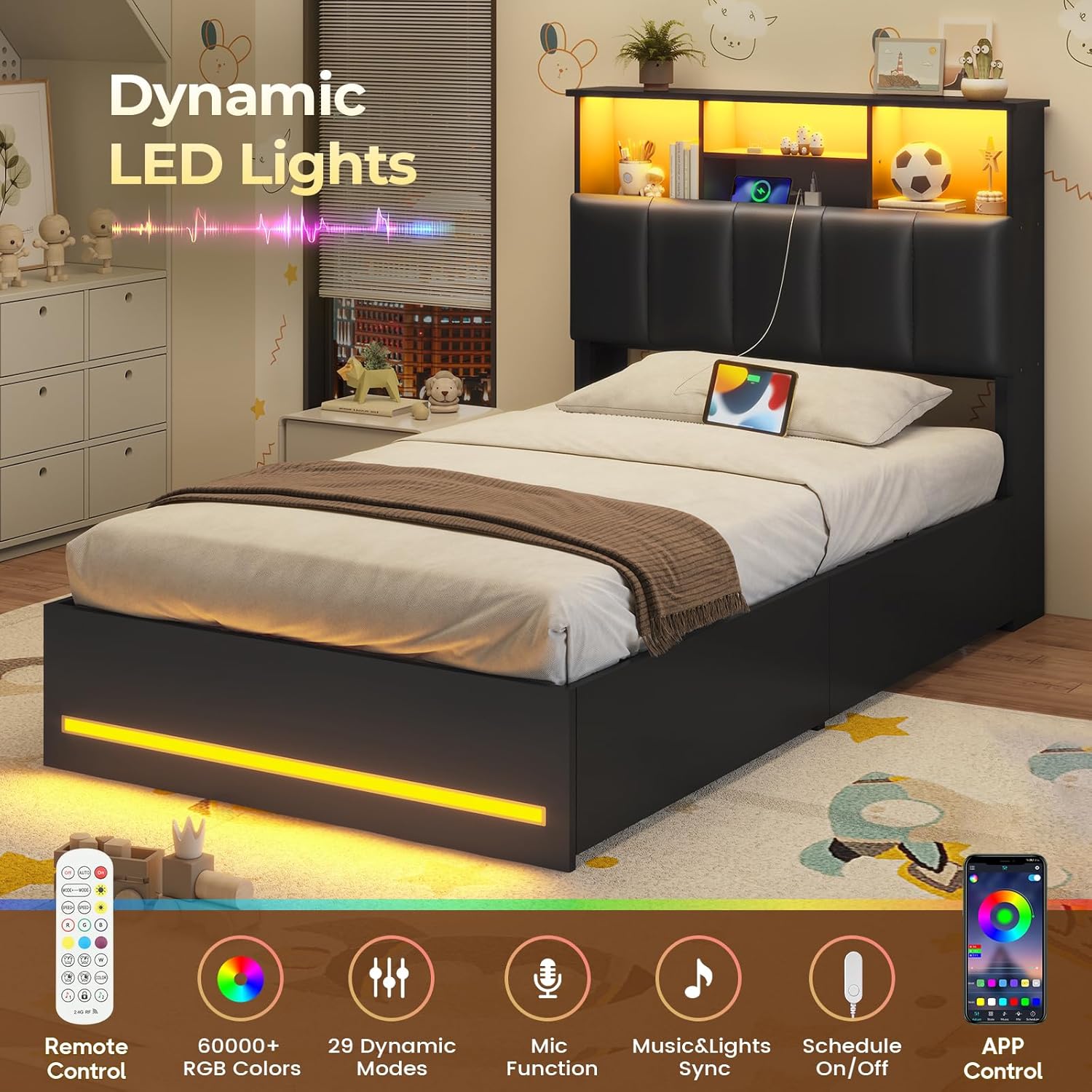 VIAGDO Twin Bed Frames with Bookcase Headboard, Wooden Bed Frame Twin Size with Charging Station, 4 Storage Drawers and LED Lights, LED Bed Frame with Type-C and USB, No Box Spring Needed, Black