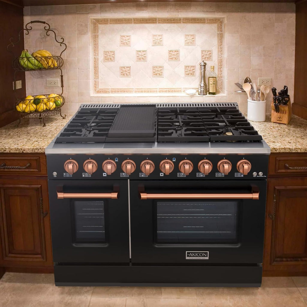 Akicon 48 Inch Freestanding Gas Range - 6.7 cu. ft. Double Rapid Convection Gas Oven Stove with 8 Sealed Burners & a Griddle, Heavy Duty Cast Iron Grates (Black & Copper)