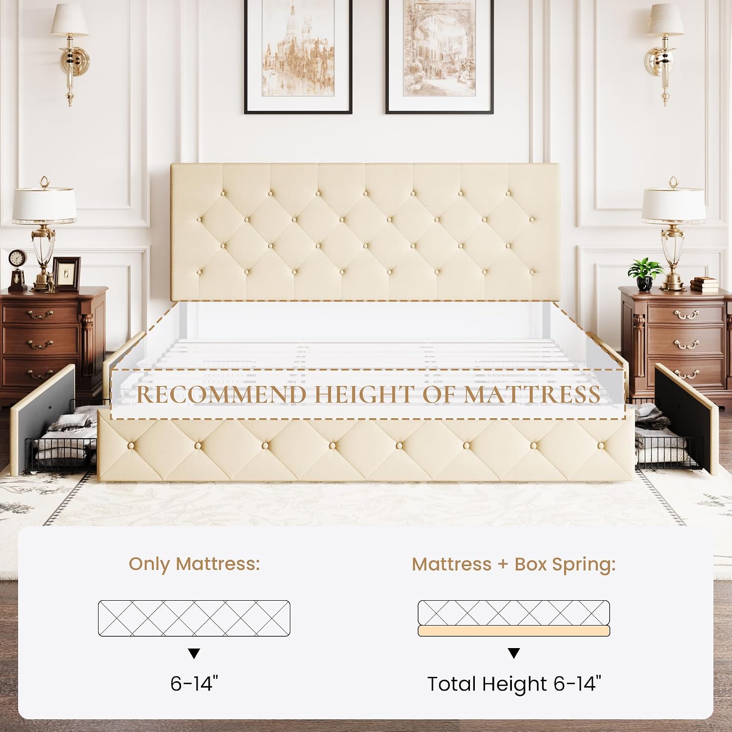 SHA CERLIN Upholstered King Size Platform Bed Frame with 4 Storage Drawers, Adjustable Headboard with Diamond Stitched Button Tufted Design, Wooden Slat Support, No Box Spring Needed, Beige