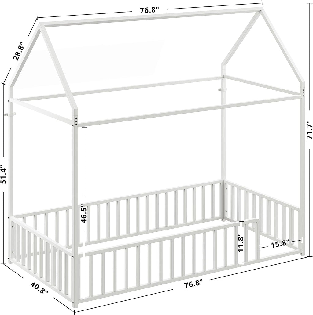 LIKIMIO Twin Floor Bed Frame with Roof & Fence Guardrails Metal House Bed for Bedroom, Easy Assemble, No Box Spring Needed, White