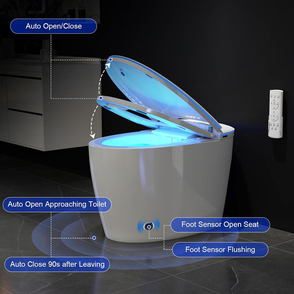 Smart Toilet with Bidet Built in, Bidet Toilet with Foam Shield, Auto Open/Close Lid & Dual Flush, Instant Warm Water & Dryer, Tankless One Piece Elongated Toilet, Foot Sensor, Night Light