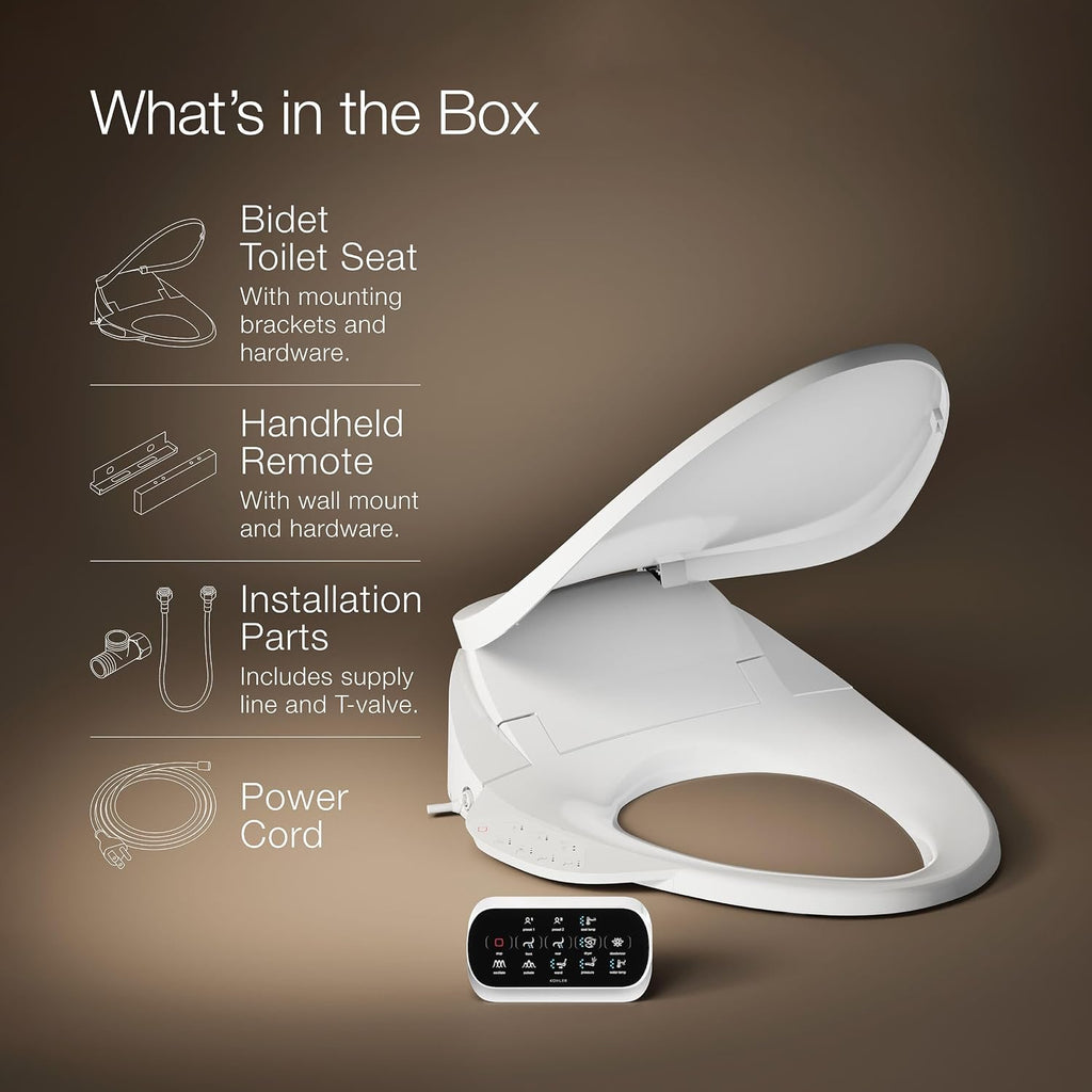 Kohler PureWash E750 Elongated Heated Bidet Toilet Seat, White with Touchscreen Remote Control, Quiet-Close Grip-Tight Lid, Self-Cleaning Wand, Warm Water Bidet, Adjustable Water Pressure, Nightlight