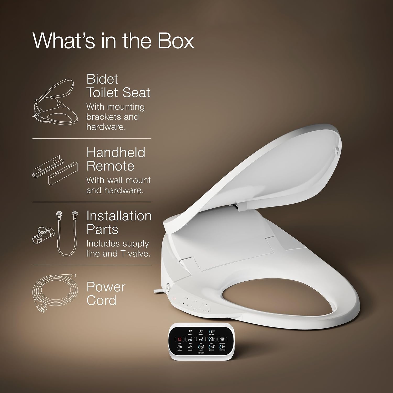 Kohler PureWash E750 Elongated Heated Bidet Toilet Seat, White with Touchscreen Remote Control, Quiet-Close Grip-Tight Lid, Self-Cleaning Wand, Warm Water Bidet, Adjustable Water Pressure, Nightlight