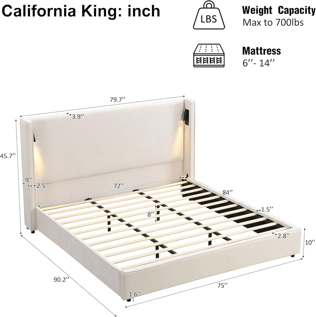 Christopher Knight Home Hazel 45.70'H California King Bed Frames, Linen Upholstered Cal King Bed Frame, Slats Panel Support, No Spring Box Needed, Wingback Headboard with Reading Lamps and USB, Beige