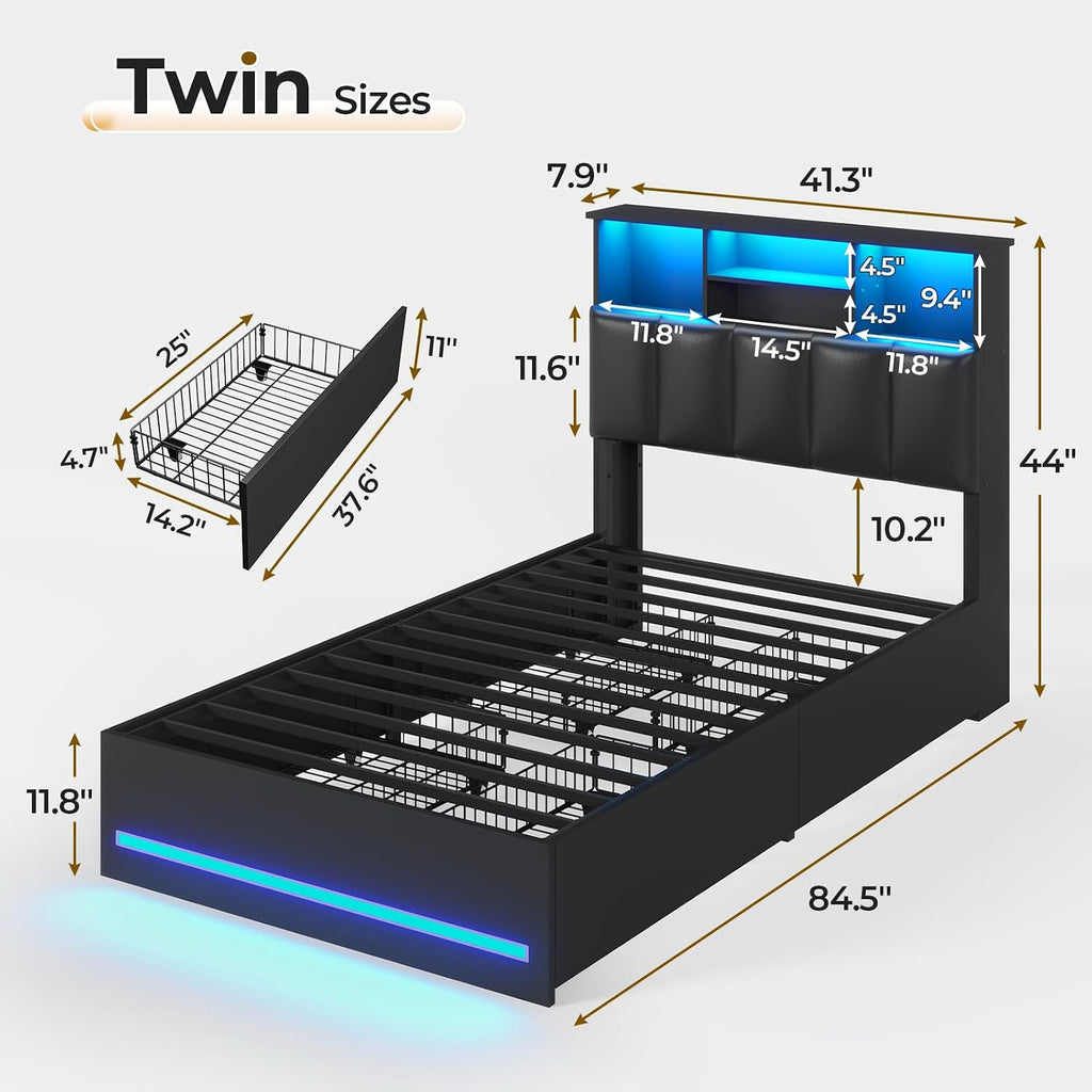 VIAGDO Twin Bed Frames with Bookcase Headboard, Wooden Bed Frame Twin Size with Charging Station, 4 Storage Drawers and LED Lights, LED Bed Frame with Type-C and USB, No Box Spring Needed, Black