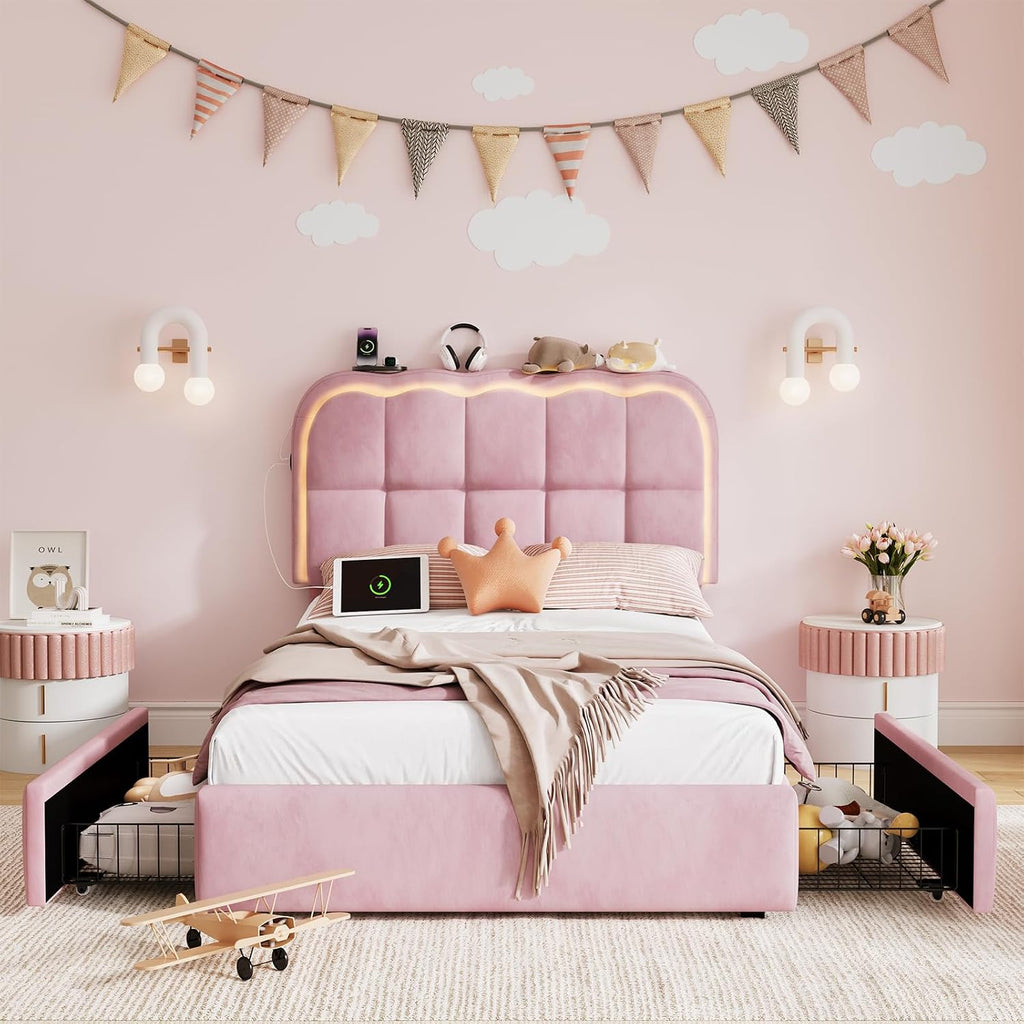 CypBed Twin Bed Frame with Storage Drawers and Headboard, Velvet Upholstered LED Platform Bed Frame for Kids – Sturdy Metal Cloud Bed Frame Twin with Wood Slats Support, No Box Spring Needed, Pink