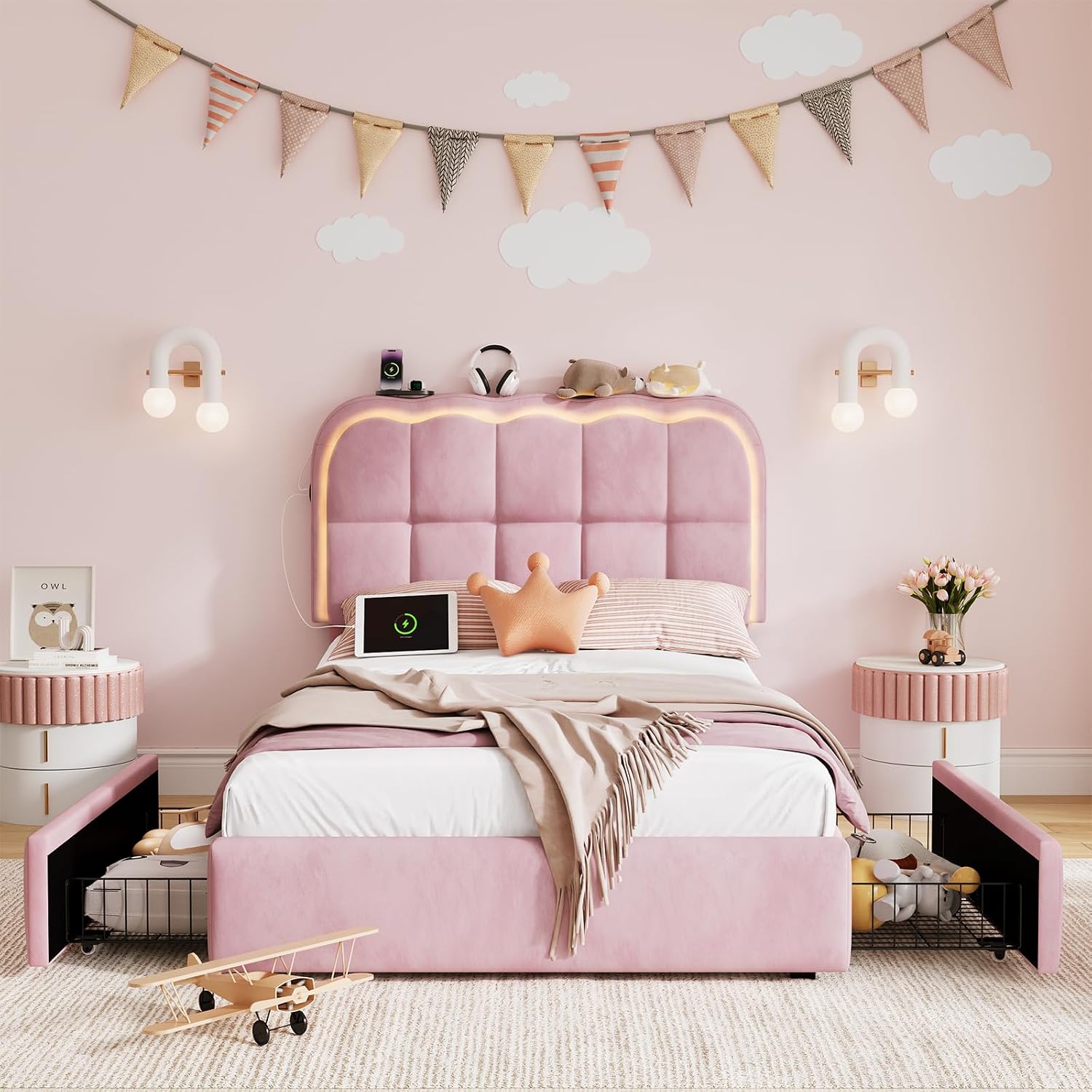 CypBed Twin Bed Frame with Storage Drawers and Headboard, Velvet Upholstered LED Platform Bed Frame for Kids – Sturdy Metal Cloud Bed Frame Twin with Wood Slats Support, No Box Spring Needed, Pink