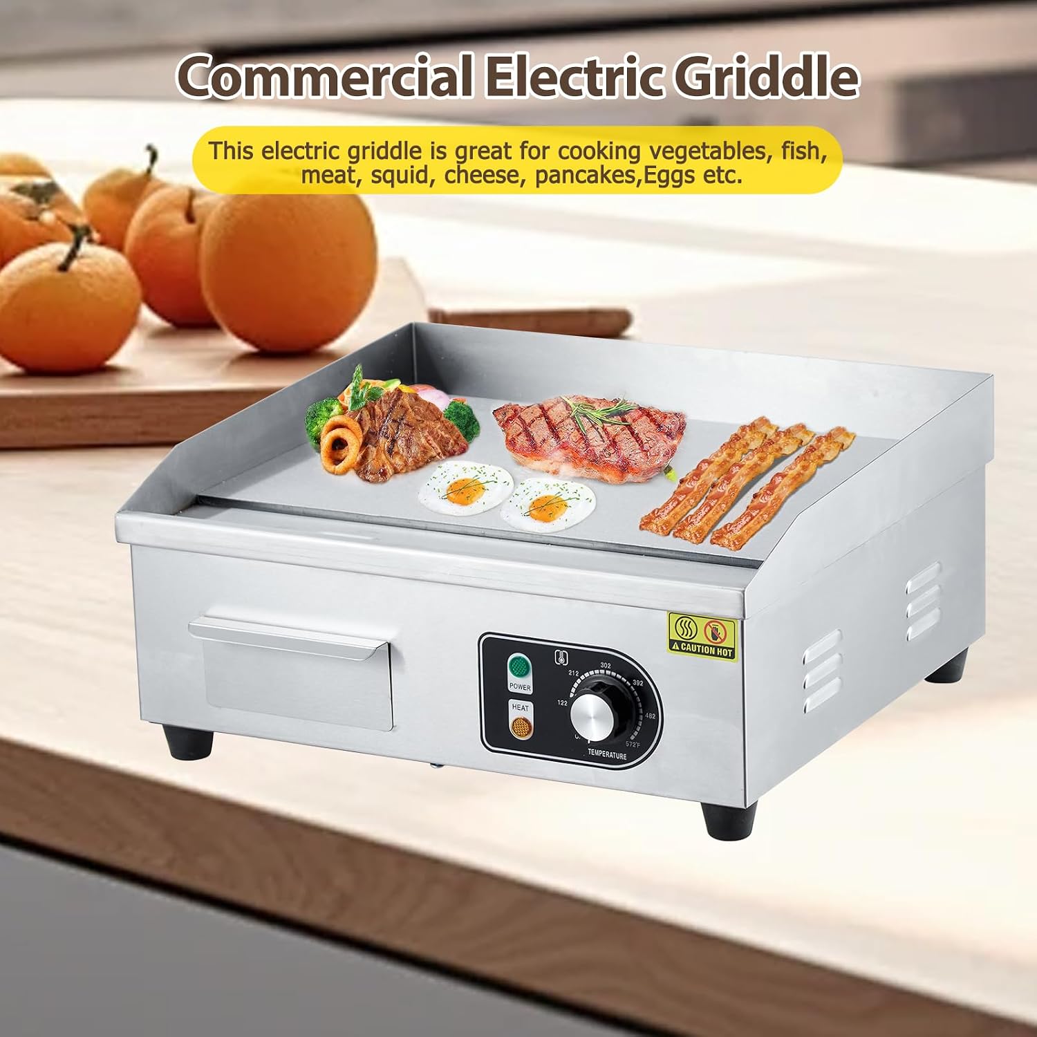 18' Commercial Electric Griddle with Plug, 1500W Stainless Steel Griddle with Adjustable Temp 122-572°F, 2 Shovels & Brushes - Half Flat Top Grill for Indoor/Outdoor Cooking (Plug Included)