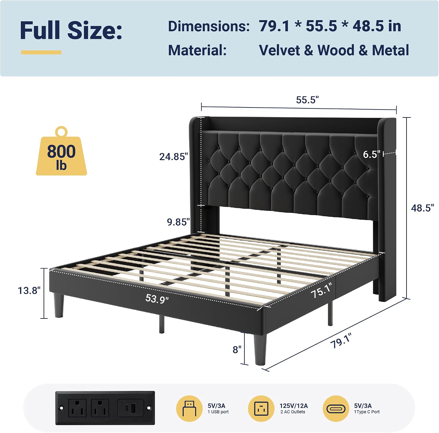 Allewie Full Size Bed Frame, Storage Headboard with Charging Station, Wingback Velvet Upholstered, Diamond Stitched Button Tufted, Sturdy Wooden Slats, No Box Spring Needed, Easy Assembly, Black