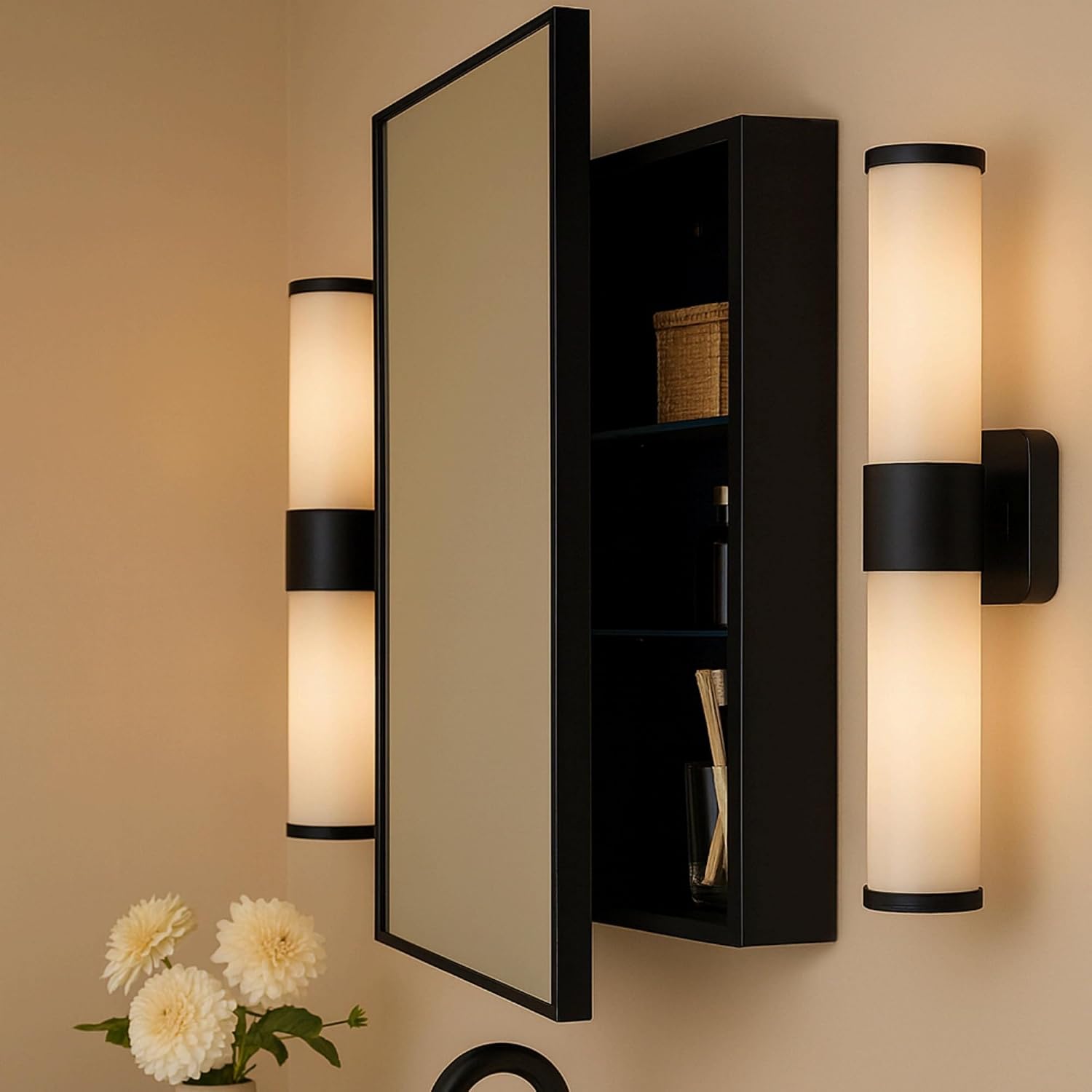 TEHOME 24'' x 30'' Black Recessed and Surface Mount Bathroom Medicine Cabinet with Mirror Matt Black Square Cornered Metal Framed Rounded Rectangle Medicine Cabinet Mirror