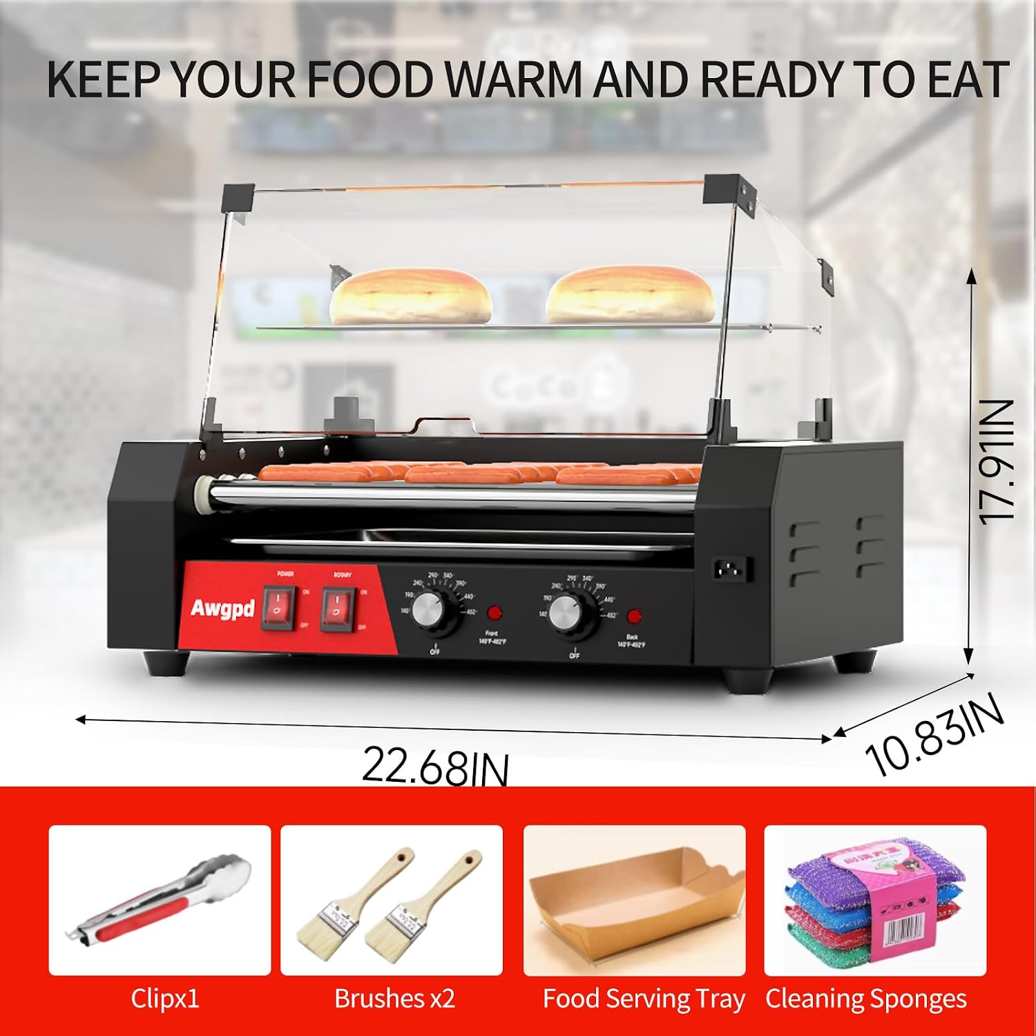 Hot Dog Roller Machine, Hot Dog Roller 5 Rollers 12 Hot Dogs Capacity, Hot Dog Roller with Glass Cover, Drip Tray, Dual Temperature Control for Commercial and Household Use (5 Rollers+Cover)