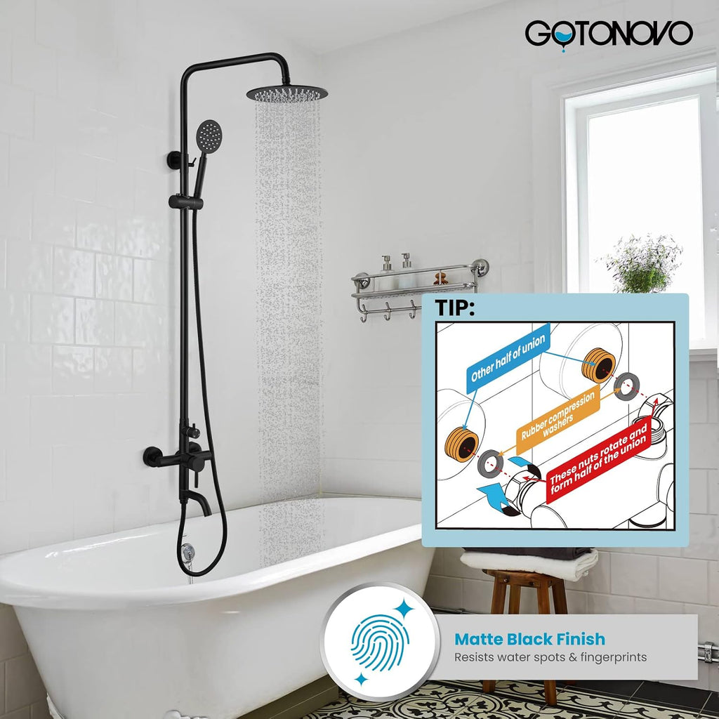 gotonovo Shower faucet Set Matte Black Triple Function with Adjustable Hand Sprayer and Tub Spout SUS 304 Stainless Steel 8 Inch Rainfall Shower Head Bathroom Shower Fixture Wall Mount Complete Set
