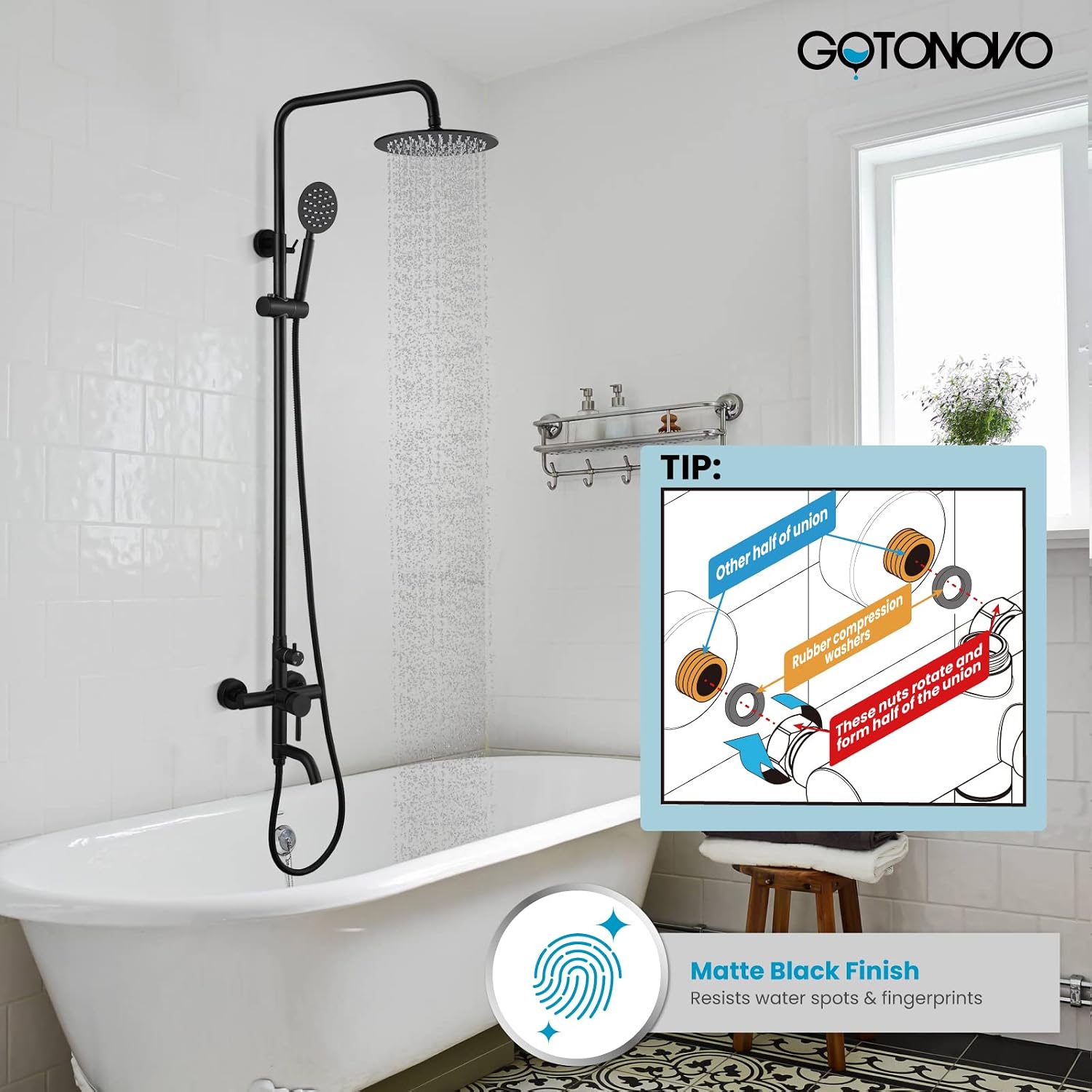 gotonovo Shower faucet Set Matte Black Triple Function with Adjustable Hand Sprayer and Tub Spout SUS 304 Stainless Steel 8 Inch Rainfall Shower Head Bathroom Shower Fixture Wall Mount Complete Set