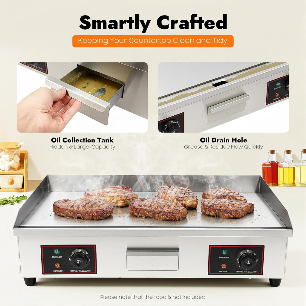 110V Commercial Electric Griddle Countertop Flat Top Grill Stainless Steel Tabletop BBQ Griddle Adjustable Temperature Control Teppanyaki Grill,Without Plug ﻿ (3000W,28.7 * 18.9 * 9.06inch)