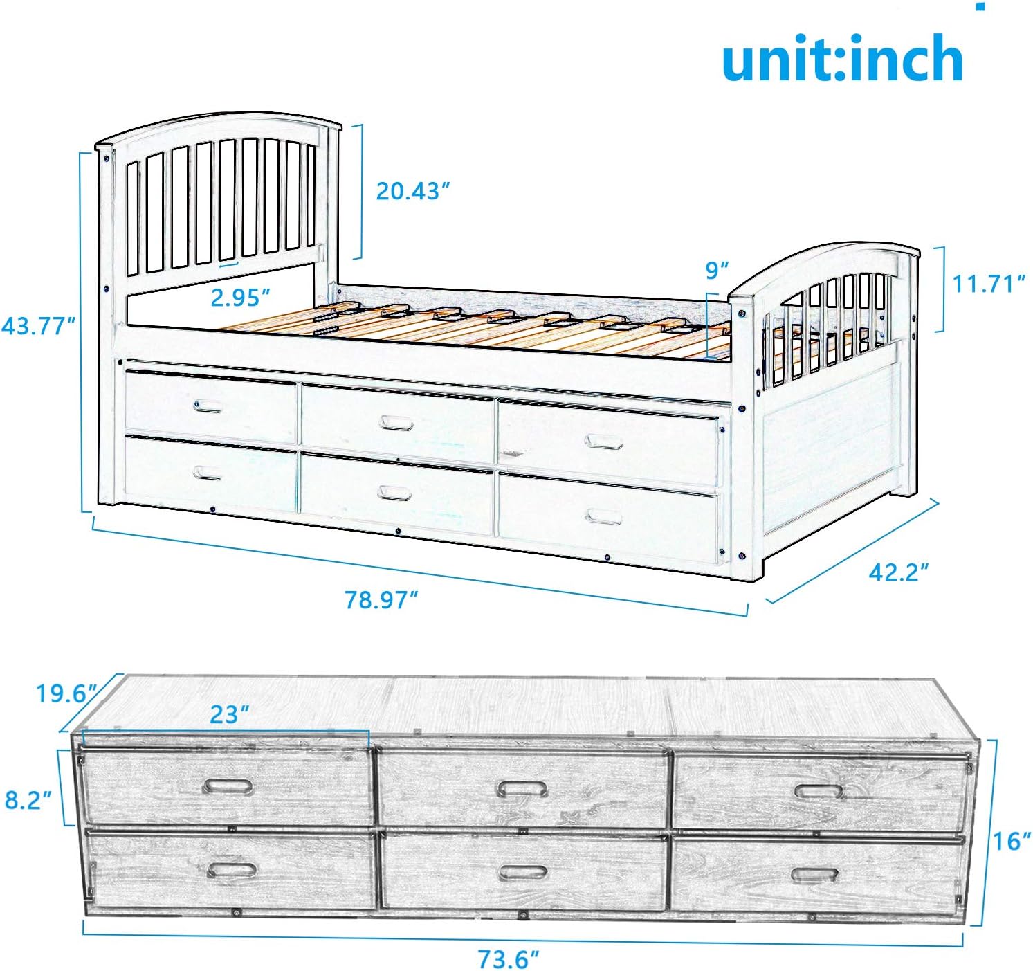 Merax Twin Size Platform Storage Bed Solid Wood Bed with 6 Drawers,White