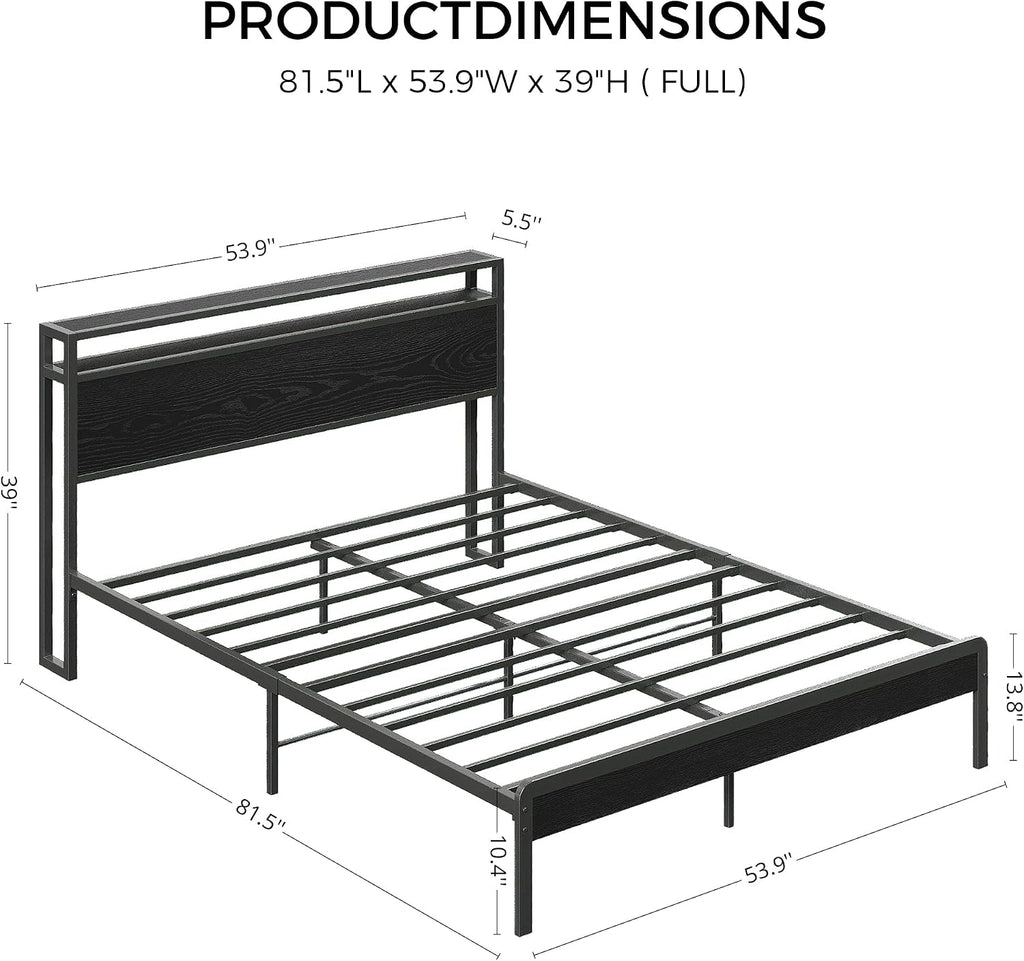 LIKIMIO Full Bed Frame with Headboard, Dark Wood Camas Full with Strong Supports, Sturdy, Noise-Free, No Box Spring Needed, Black